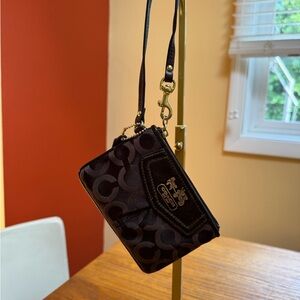 Coach Signature C Brown Wristlet with Purple Satin Lining